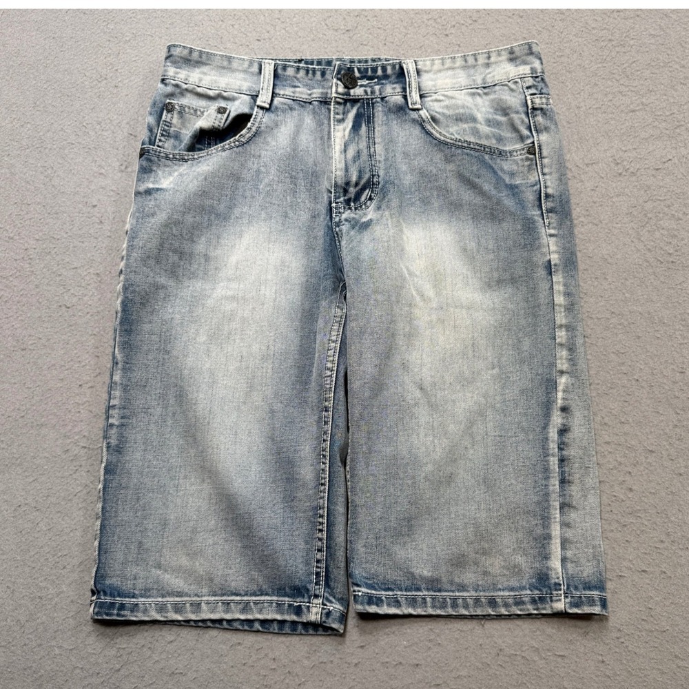 Reflex Jean Shorts Men's 32 Blue Denim Light Wash Baggy Jorts Whiskered Cotton